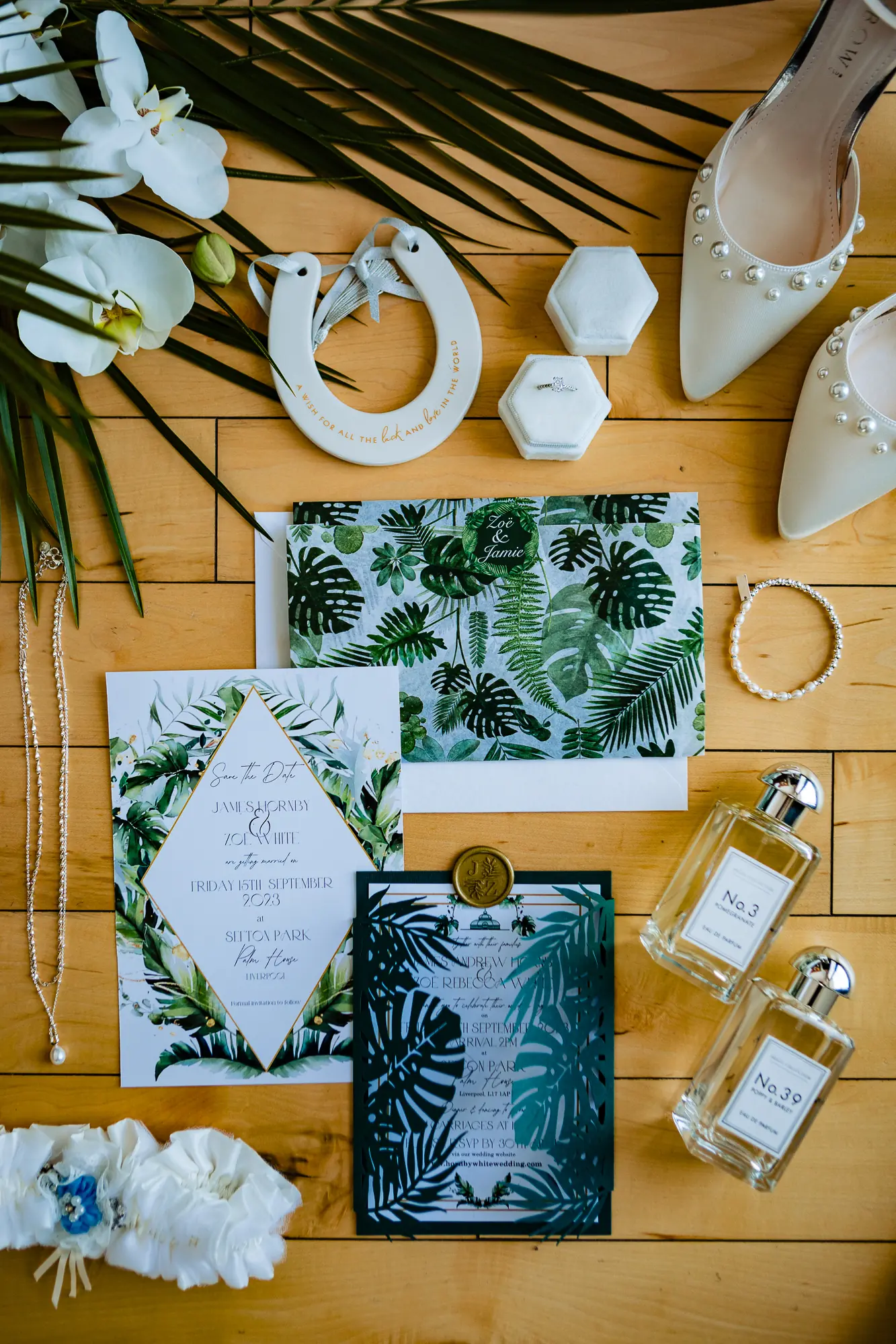Flat lay with flowers. RAW Photography, Booker wedding flowers at the Palm house wedding venue Liverpool